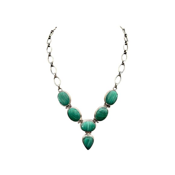 Vintage Malachite Necklace Sterling Silver Green Stone Natural Earthy Jewelry